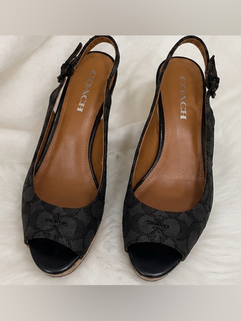 Coach Signature Dark Gray Peep-Toe Slingback Wedge Sandals 9B